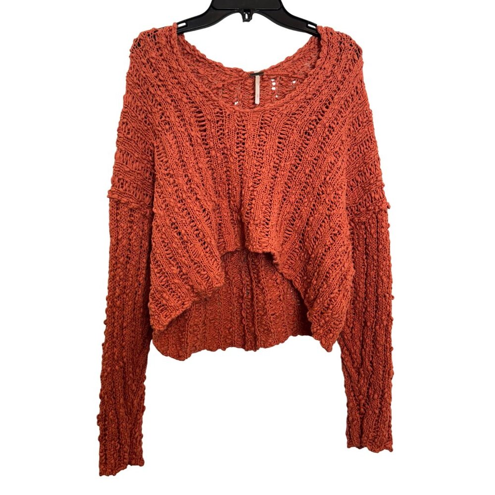 Free People Chunky Knit Womens Sweater Sz S Orange Open Stitch Long Sleeve